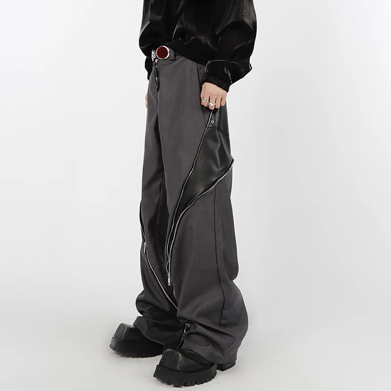 Nišas PU Ādas Dizaina Rāvējslēdzēju Vīriešu Bikses Vertikālu Taisni Bikses 2023 Kontrasta Krāsu Ziemas High Street Vīriešu Darkwear