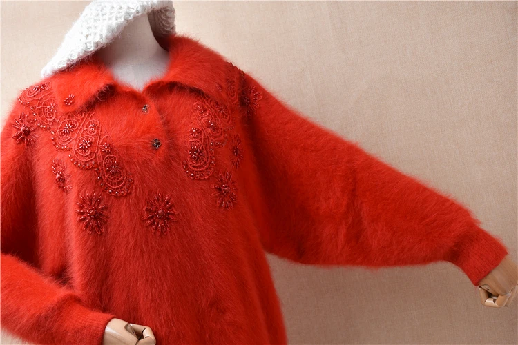 Sieviete Sievietes Fall Winter Vintage Apģērbu Izšūšana Frēzēšana Angoras Trusis Matu Trikotāžas Savukārt Uz Leju, Kakls Brīvs Džemperis Džemperis