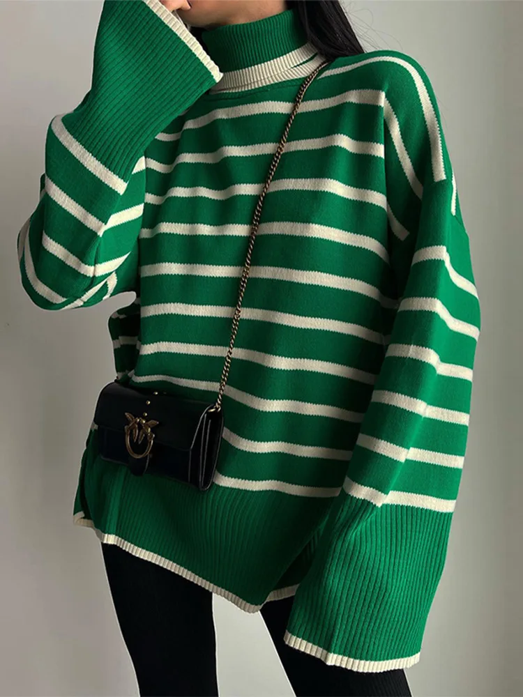 Svītrains Džemperis augstu uzrullētu apkakli Sieviešu Trikotāžas Džemperi Y2k Streetwear Rudens Ziemas Mīksti Džemperi Lielajam Džemperi Sieviešu Apģērbs